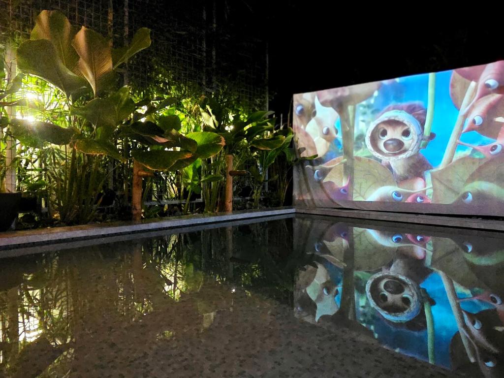 a pool at night with a painting of a koala at Soak Screen Urban Hideaway in Iloilo City