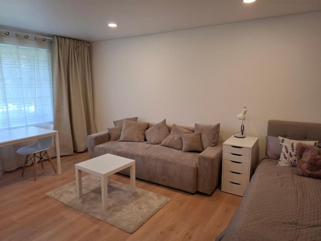 a living room with a couch and a table at Levanda apartment in Visaginas