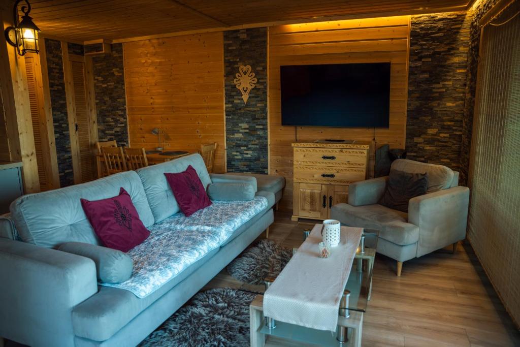 a living room with a couch and a tv at Mały Domek & Chatka Panorama in Lipowa