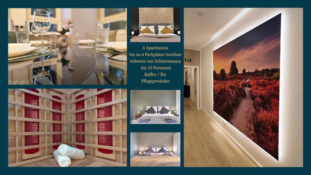 a collage of photos of a room with a wall of books at ApartZ - Celle - CityQuartier - bis 15 Personen - 4 Apartments in Celle