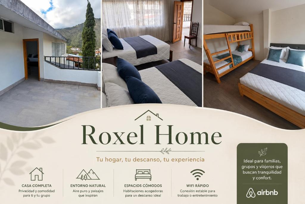 a collage of four pictures of a hotel room at Roxel Home in Baños