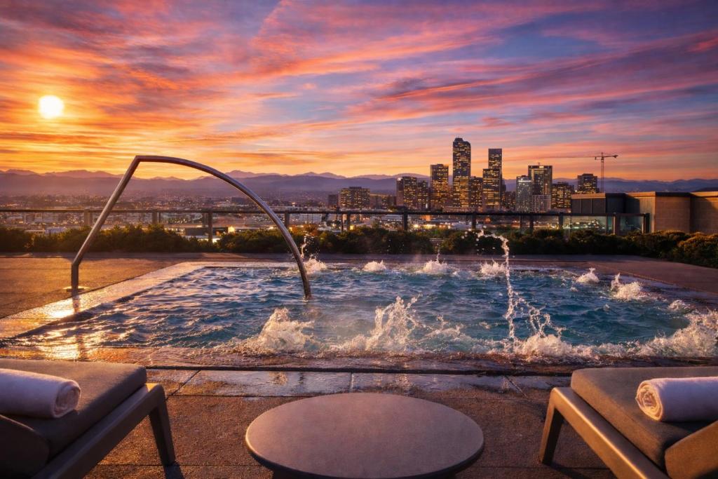 a pool with a city skyline in the background at Cherry Creek Rooftop Oasis in Denver