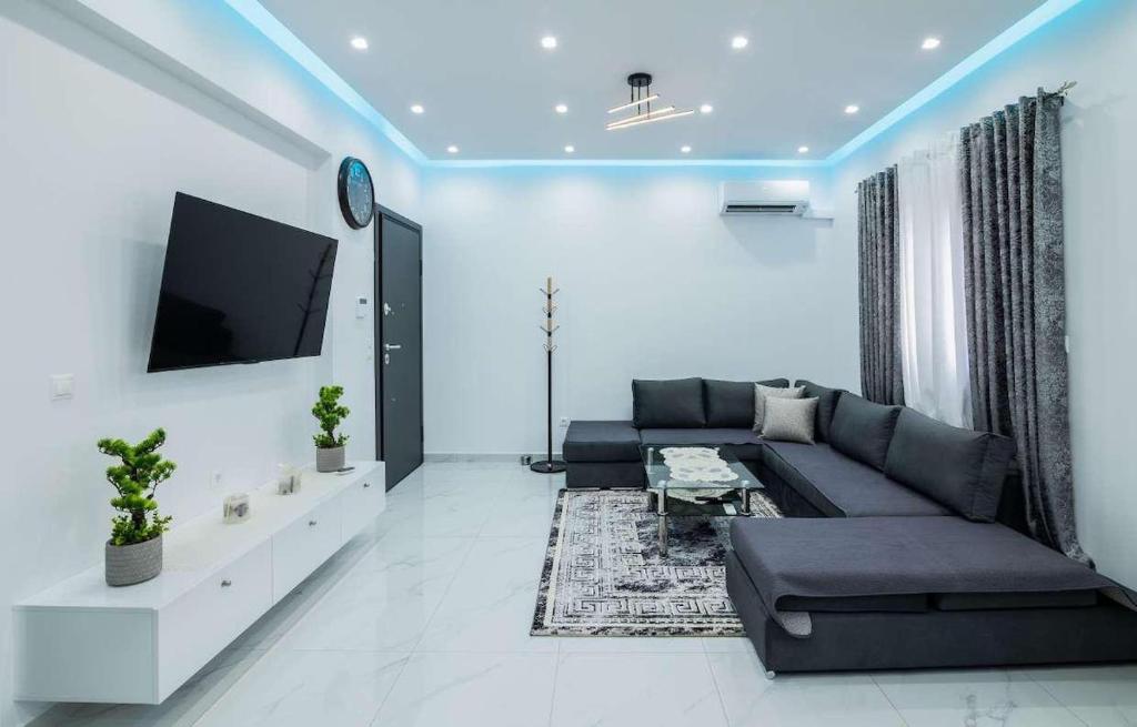 a living room with a couch and a tv at Aurelio Luxury Apartments in Paloúkia