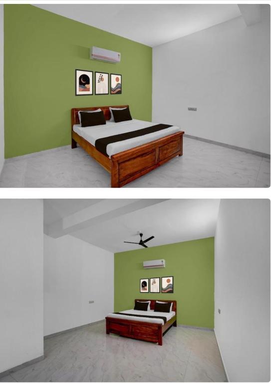 two pictures of a bedroom with a bed and a couch at hotel 0771 in Raipur