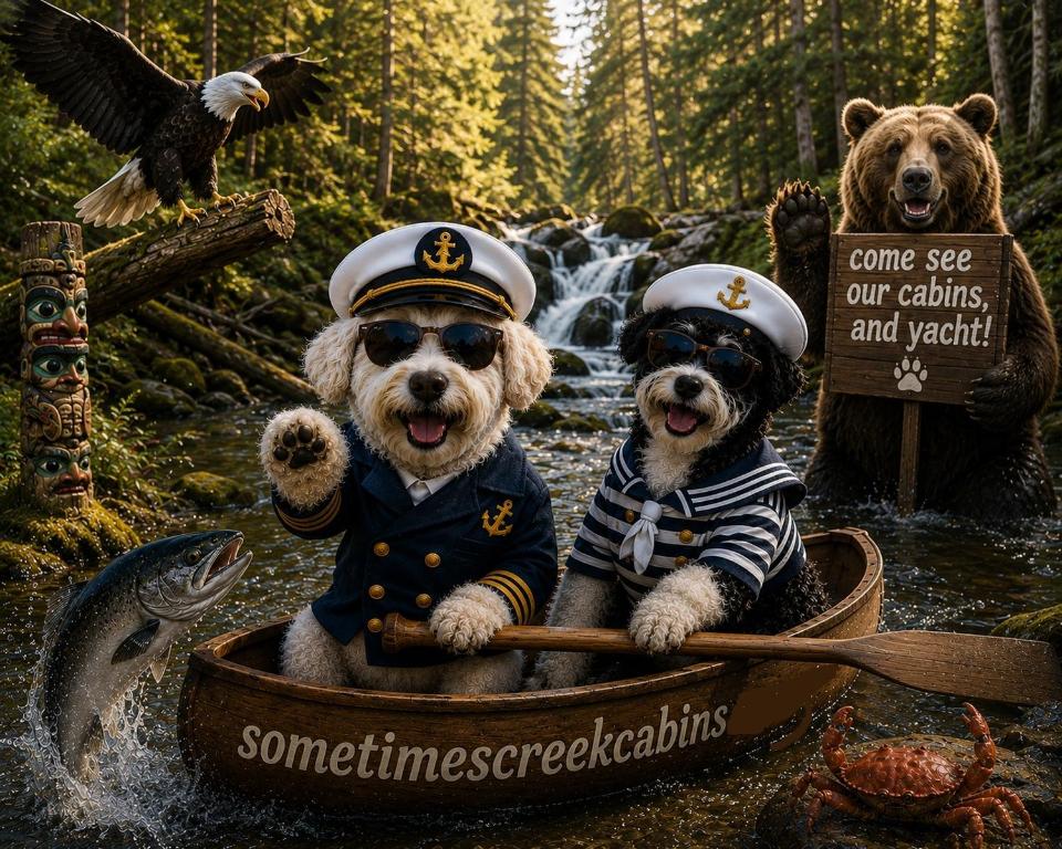two dogs dressed in uniforms are in a boat in a river at Sometimes Creek Cabins in Seward