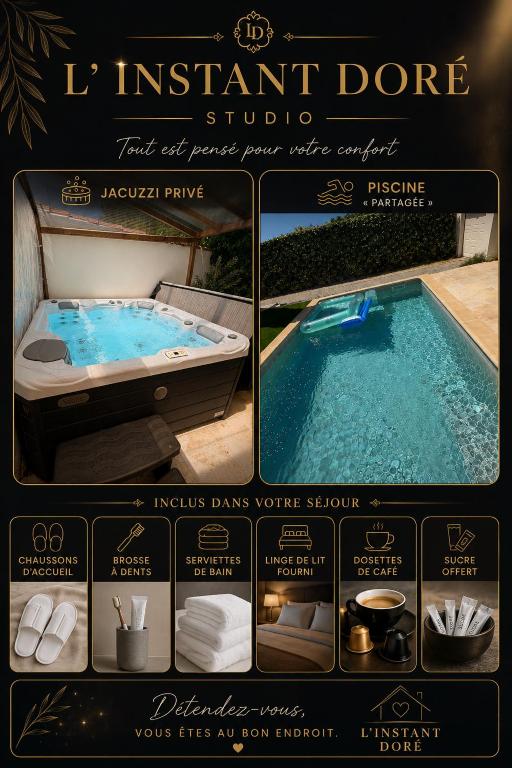 a collage of pictures of a jacuzzi tub at L instant dore spa privatif in Cavaillon
