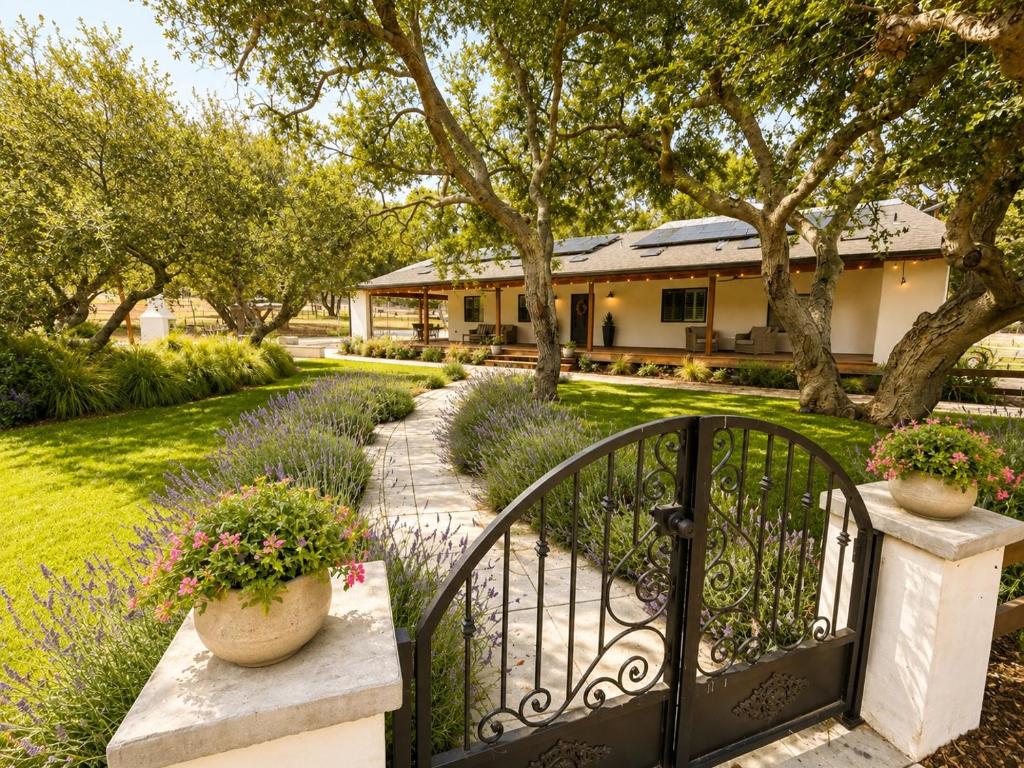 a gate to a garden with trees and flowers at Wranglers Rest Ranch in Arroyo Grande