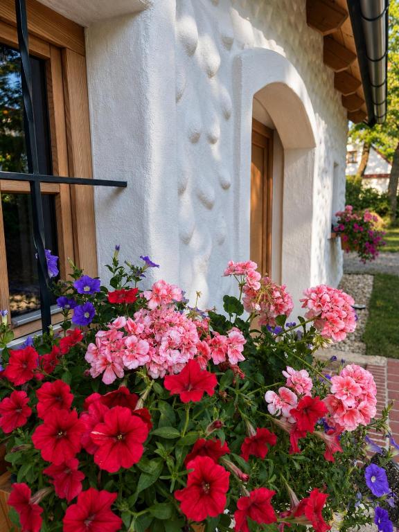 a bunch of flowers in front of a building at Kellerstöckl Gehringer in Guntersdorf