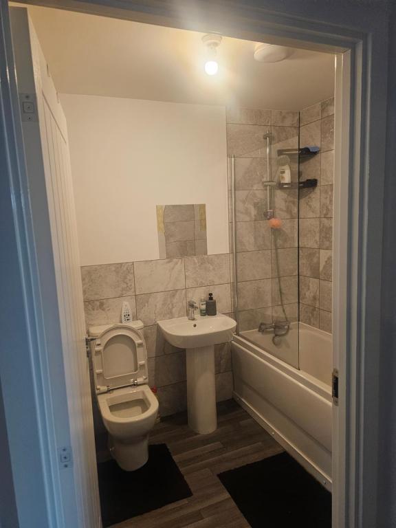 a bathroom with a toilet and a sink and a shower at Peachy velvet room in a flat in Rushall