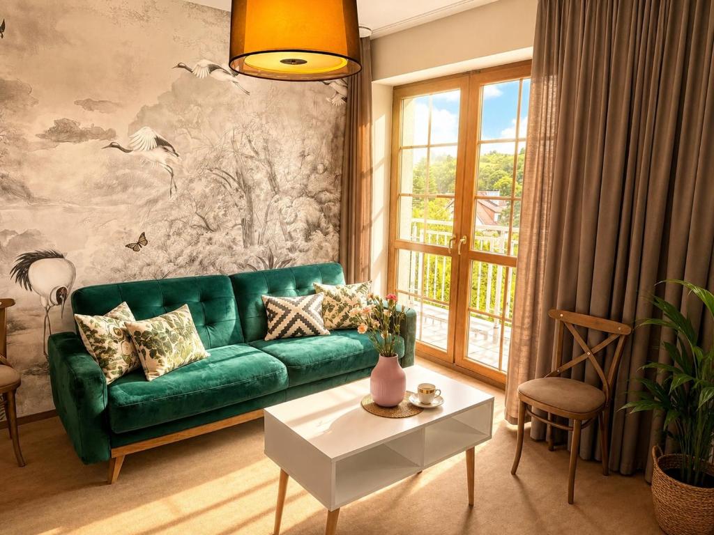 a living room with a green couch and a table at Pod Kolumnami in Pilica
