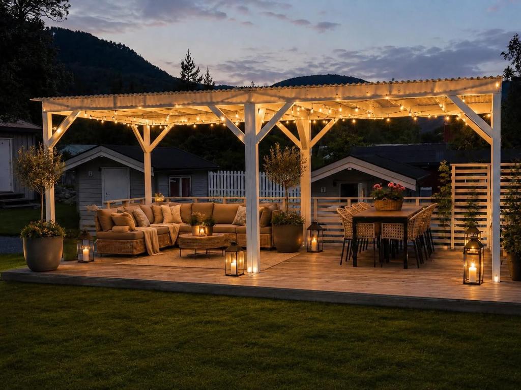 a patio with a couch and a table with lights at Hovstø Hytter & Rom in Seljord