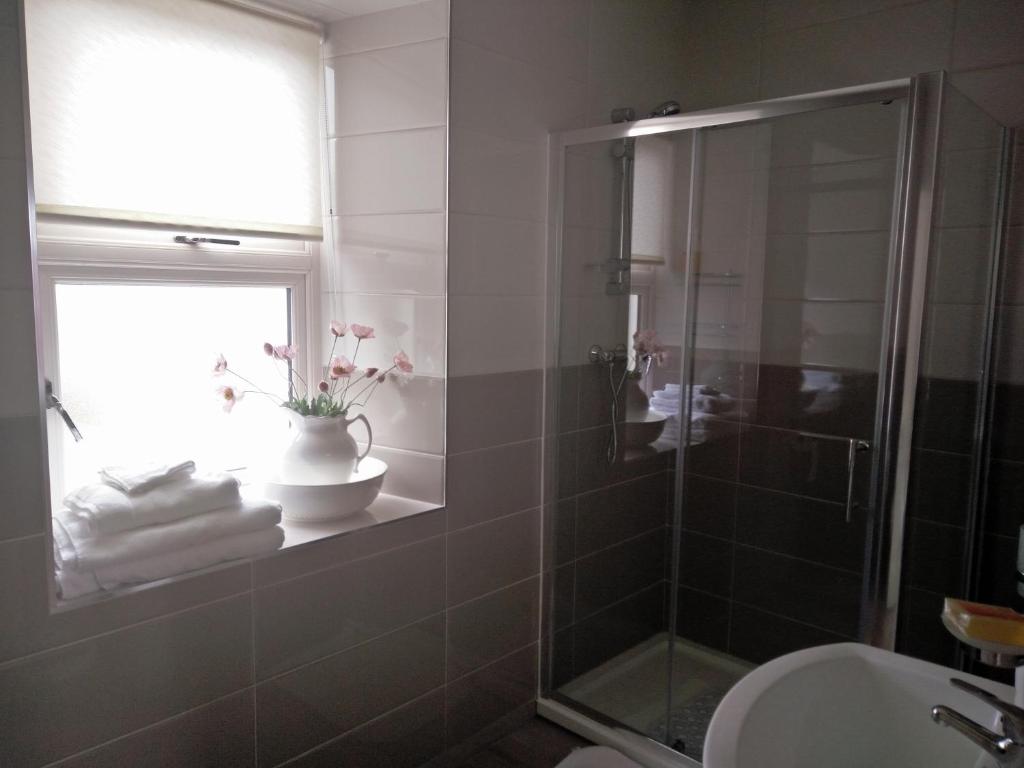 uma casa de banho com um chuveiro, um lavatório e uma janela em The Old Medical Hall em Castletownbere