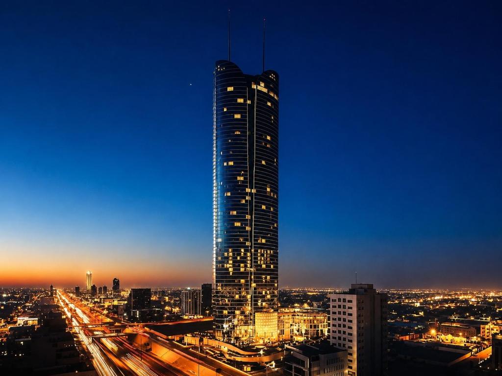 a tall skyscraper in a city at night at شقة برج رافال Rafal Tower in Riyadh