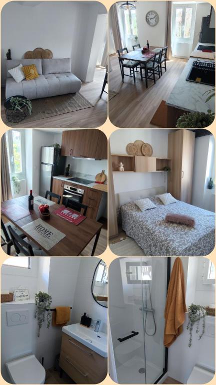 a collage of photos of a living room and a bedroom at L'olivier de Jeanine in Contes