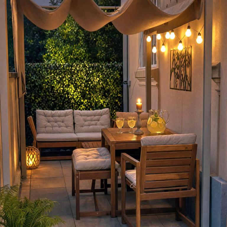 a table and chairs on a patio with a candle at Căsuța Sofia in Sulina