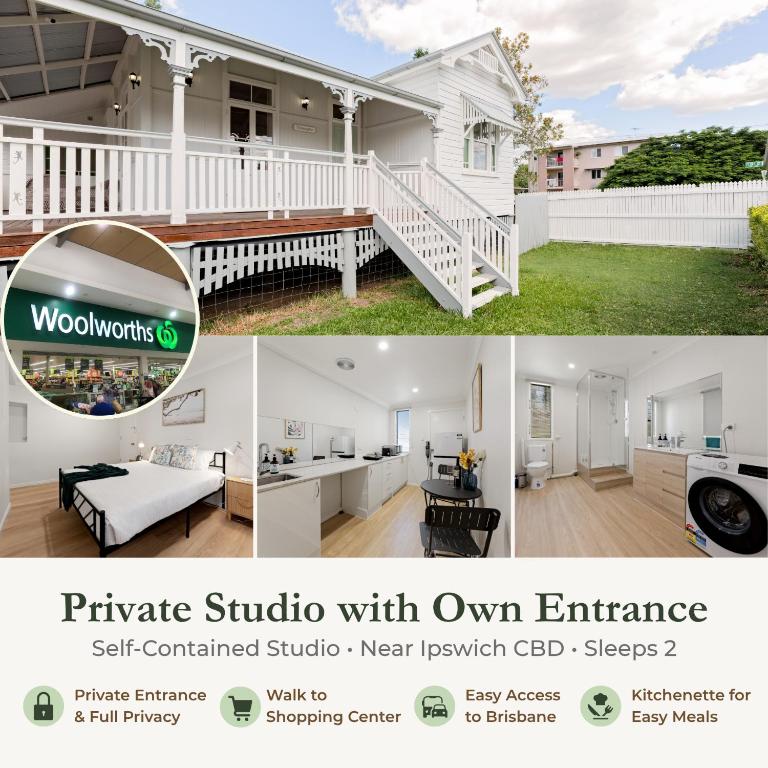 a collage of two pictures of a house at North Ipswich 1BR Pine Studio in Ipswich