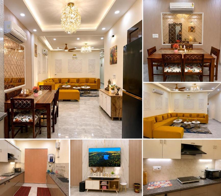 a collage of photos of a living room and dining room at NIVAASe STAYS in New Delhi