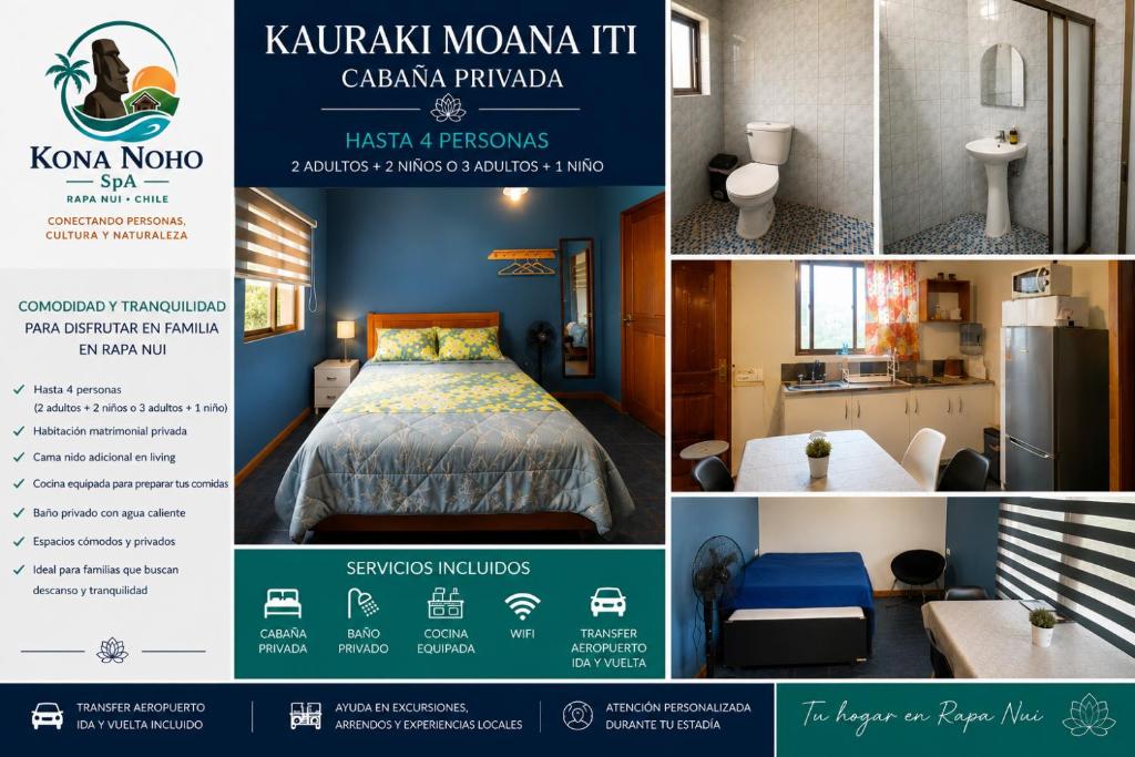 a collage of pictures of a room with a bed at Cabañas Kauaraki Moana Iti in Hanga Roa