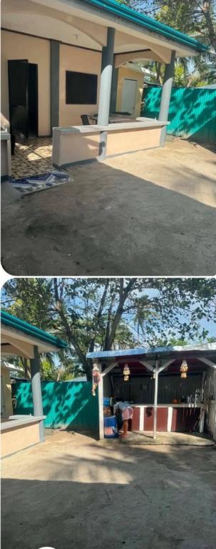 two pictures of a building with a blue tarp at Hatch Guesthouse in Ocoy