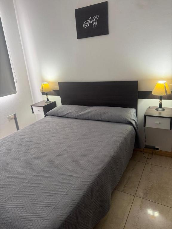 a bedroom with a bed with two lamps on two tables at Acordes de Gaitas - Departamento 2 in Malargüe