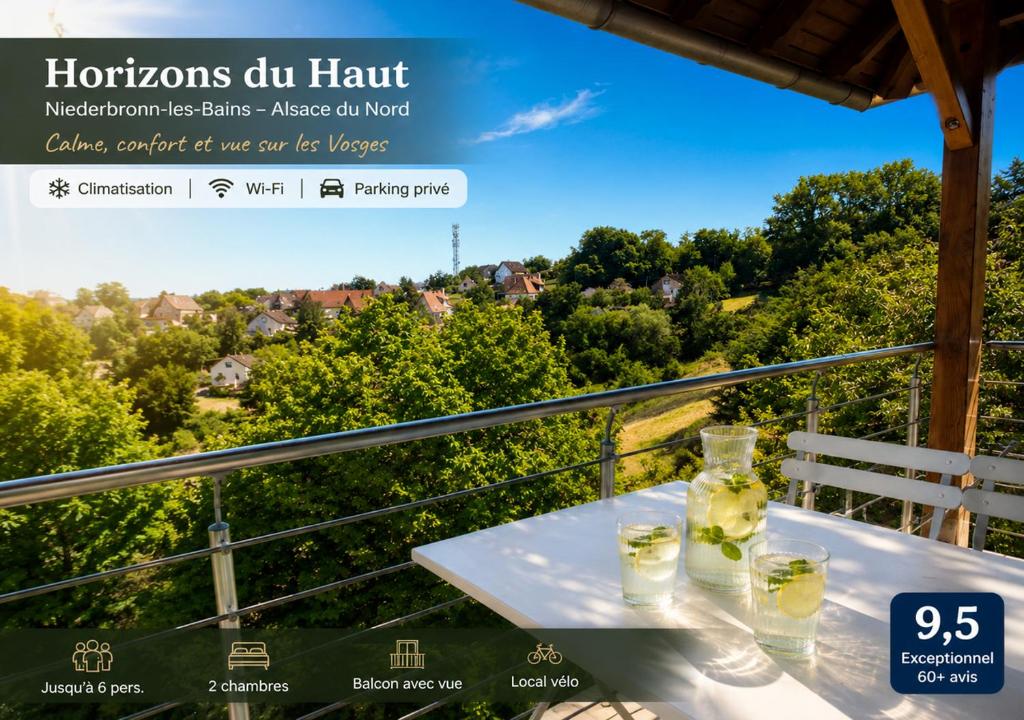 a table with glasses on a balcony with a view at Horizons du Haut in Niederbronn-les-Bains