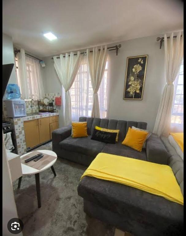a living room with a couch and a yellow blanket at Aroma homes in Meru