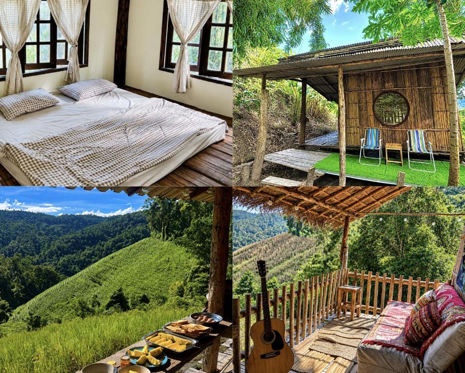 a collage of pictures of a bedroom and a house at Teepo Ke Hillside Jungle Lodge in Ban Mae Sapok Nua