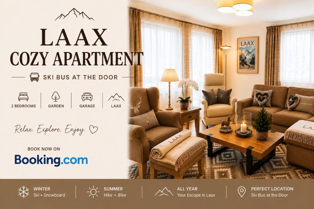 a living room with a couch and a table at Laax Cozy Apartment - Ski Bus - Fireplace in Laax
