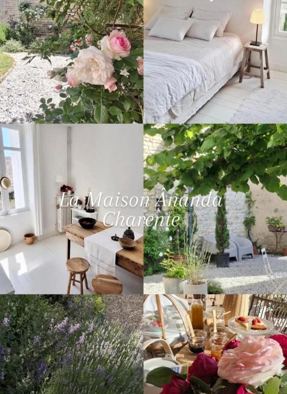 a collage of pictures of a room with a bed and flowers at La Maison Ânanda in Aigre