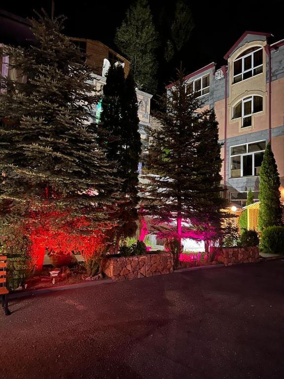 a group of trees in front of a building with christmas lights at The House Hotel Goris in Goris
