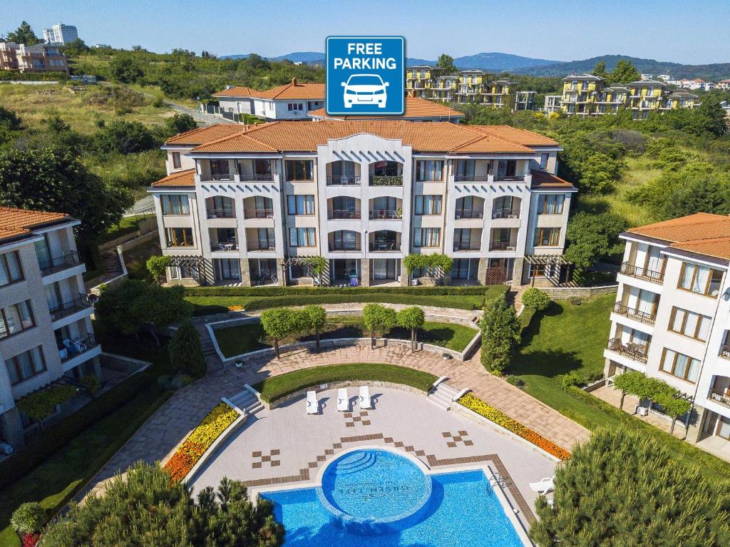 an aerial view of a building with a swimming pool at View Apartments in Sozopol