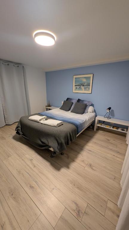 a bedroom with a large bed with blue walls at HOME HOSE in Monistrol-sur-Loire