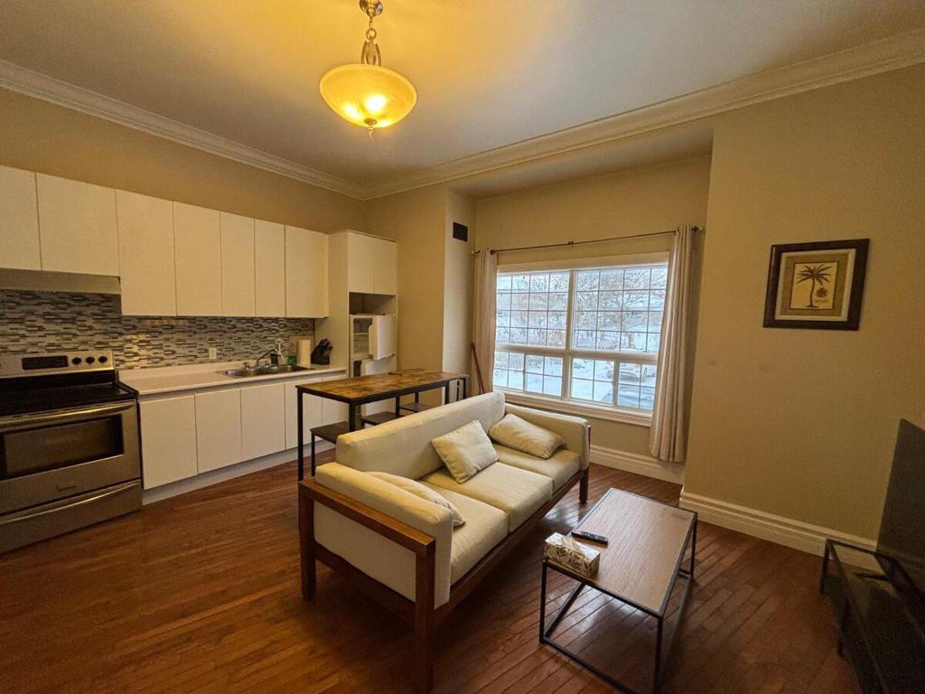 a living room with a couch and a kitchen at Private unit in richmond hill in Richmond Hill