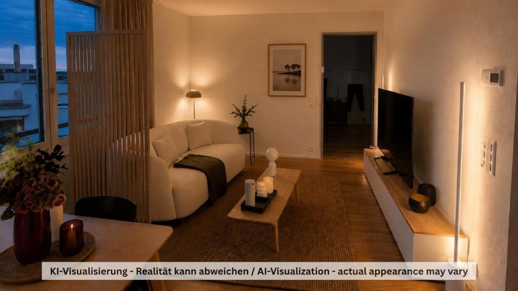 ein Wohnzimmer mit einem weißen Sofa und einem Fernseher in der Unterkunft Valo Central - Wohnung mit Arbeitsplatz am Zürichsee in Pfäffikon