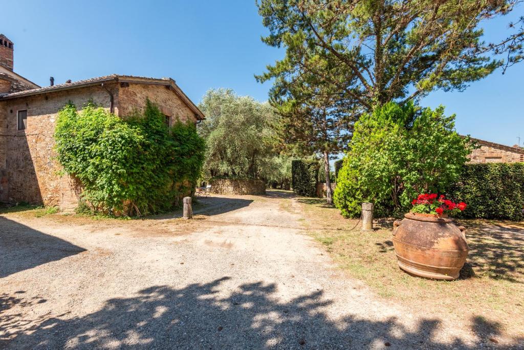a dirt road with a large vase with flowers in it at Agriturismo Montechiaro in Siena