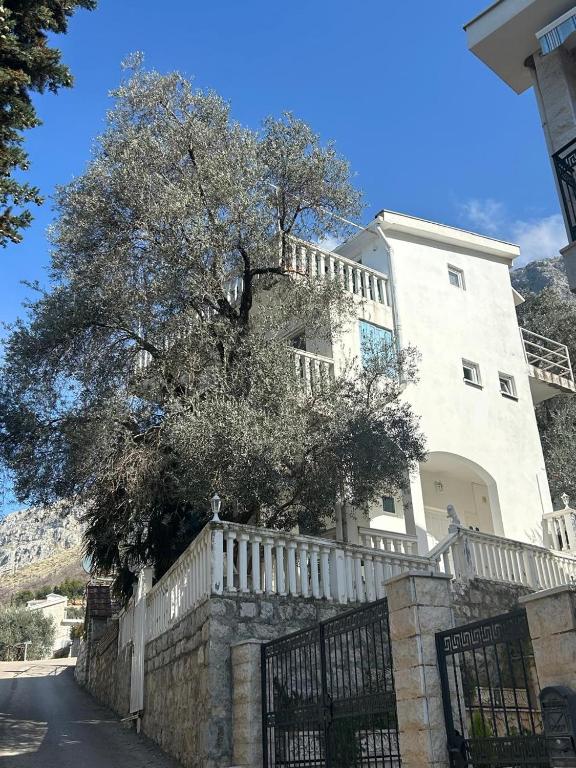 a white building with a fence and a tree at Reževići apartment Lav in Reževići