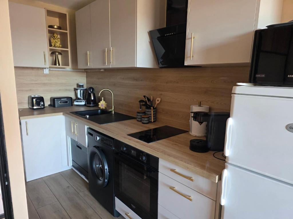 a kitchen with a white refrigerator and a dishwasher at Le Cocon de Laeti & Steph in Port Leucate
