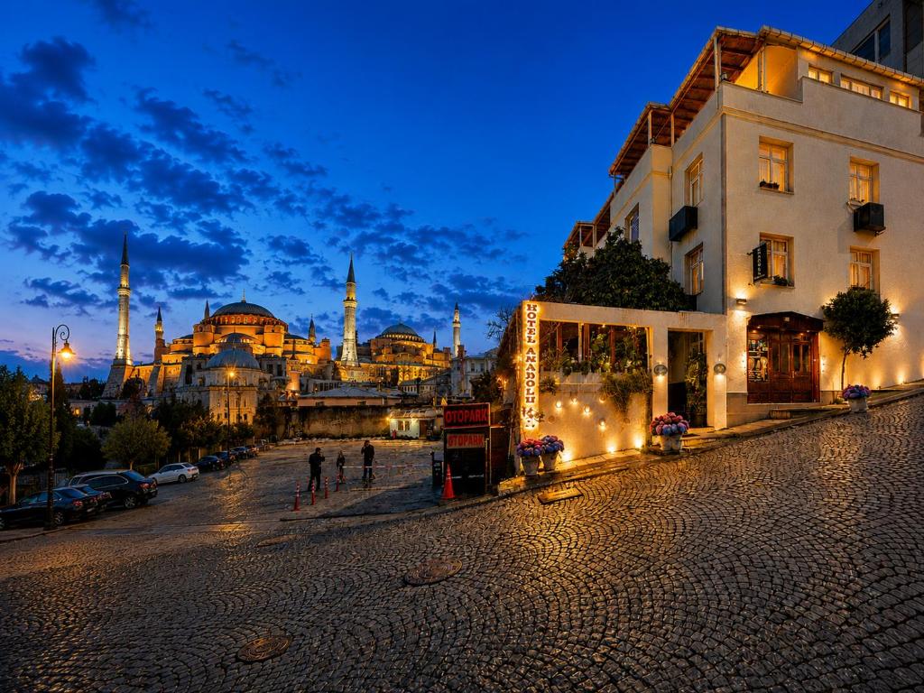 a view of a street at night with the blue mosque at Anadolu Hotel in Istanbul