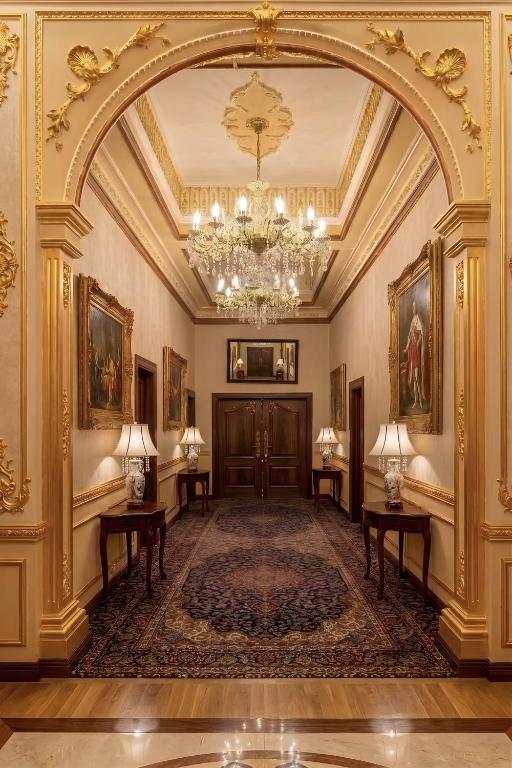 an ornate hallway with a chandelier in a building at Epicenter Hotel Baku in Baku