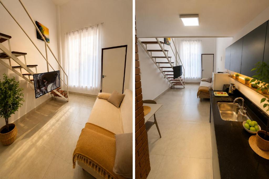 two pictures of a living room and a living room with a staircase at Loft Novo, Duplex, bem ventilado in Aparecida de Goiânia