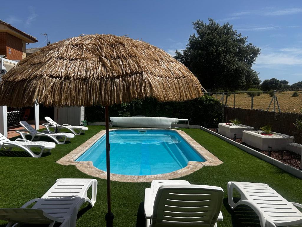 a swimming pool with chairs and a straw umbrella at Casa Rural El Olivo in Segovia