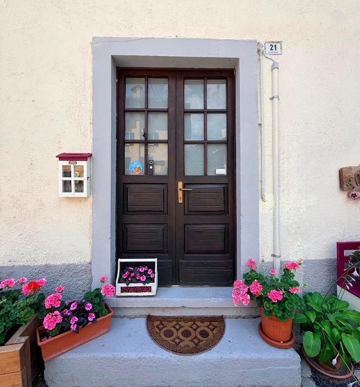 a door to a house with flowers on the steps at Appartamento Novecento in Enguiso