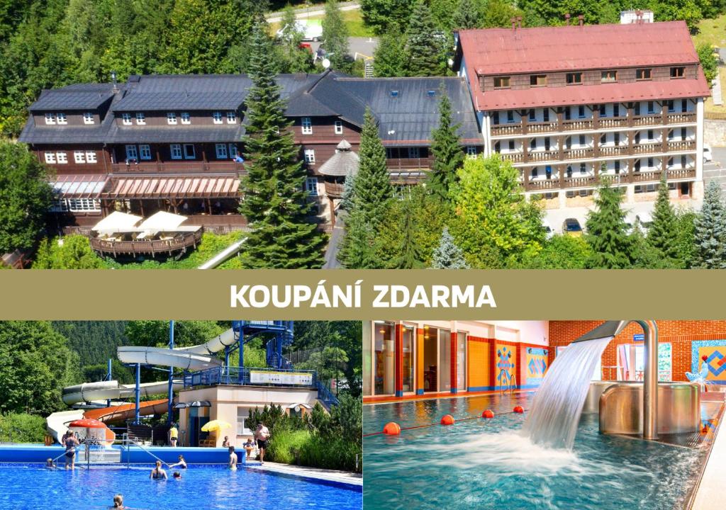 two pictures of a hotel and a water park at Hotel Sepetná in Ostravice