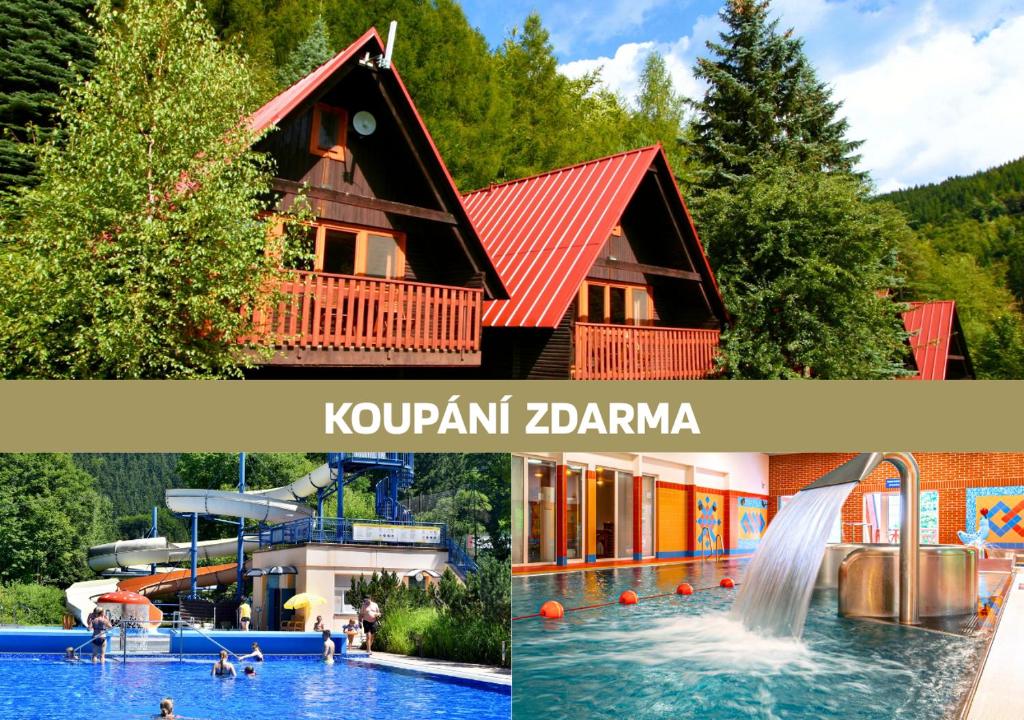 a resort in the mountains with a pool and a water park at Bungalovy Sepetná in Ostravice