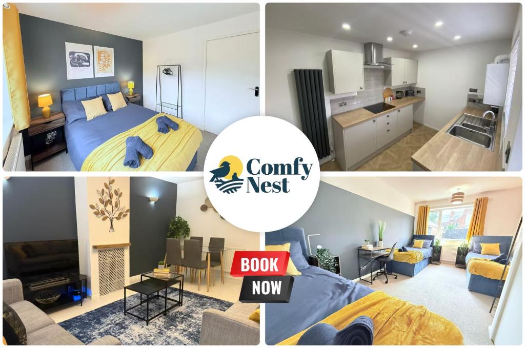 a collage of pictures of a bedroom and a living room at Bungalow 2BR Parking Shower in Heanor