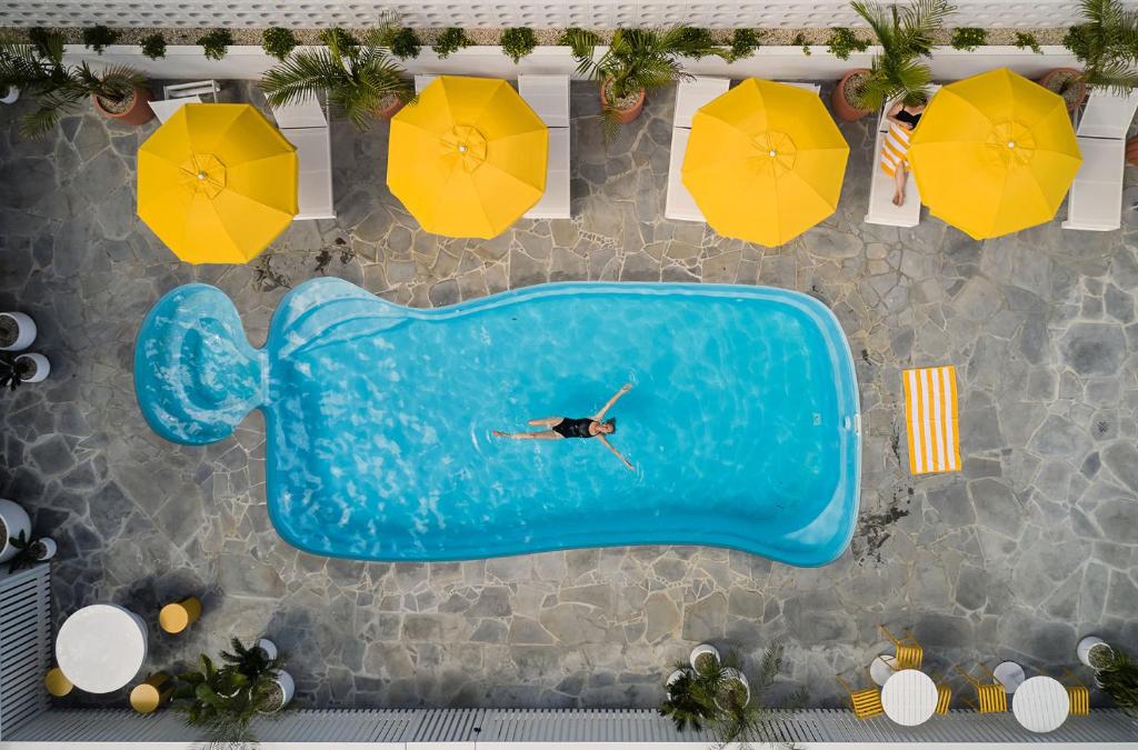 an overhead view of a person swimming in a pool with umbrellas at Sunnymead Hotel in Aireys Inlet
