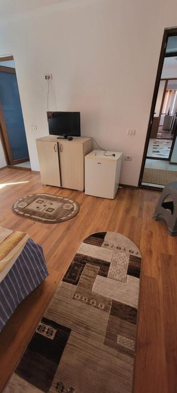 a living room with a rug on a wooden floor at LeoneG in Năvodari