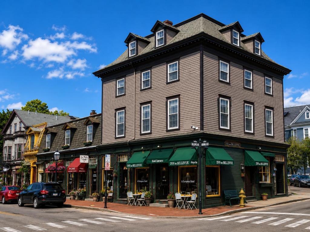 a large brown building on a street with tables and chairs at Inn on Bellevue in Newport