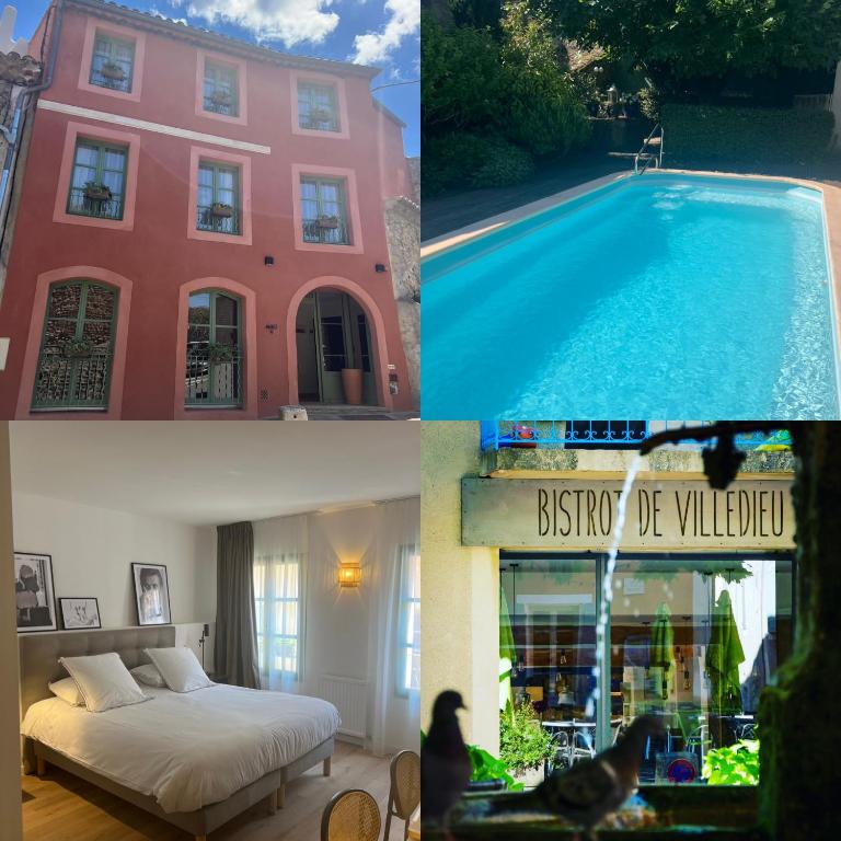 a collage of pictures of a house and a swimming pool at Maison d'Hôtes Les Sources in Villedieu