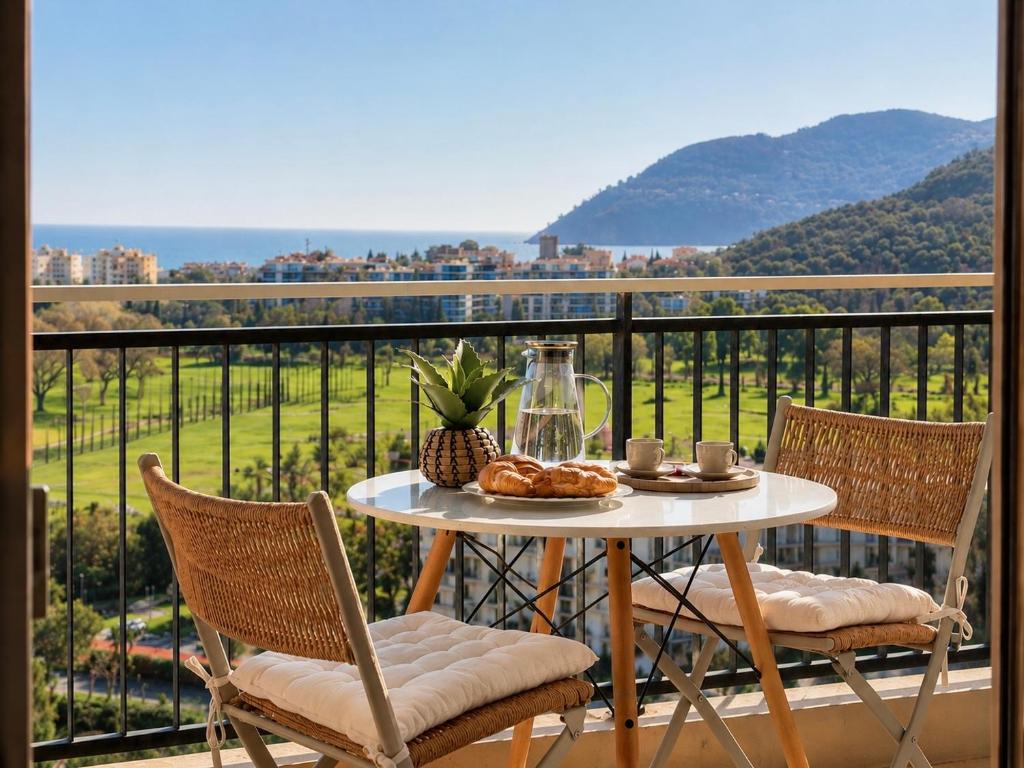 a table and chairs on a balcony with a view at La Marina Cannes Suites in Mandelieu-La Napoule